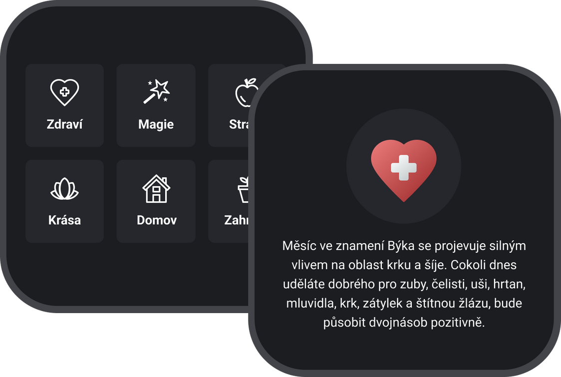 Tipy a doporučení z různých oblastí (Zdraví, Magie, Strava, Krása, Domov, Zahrada) v lunárním kalendáři.